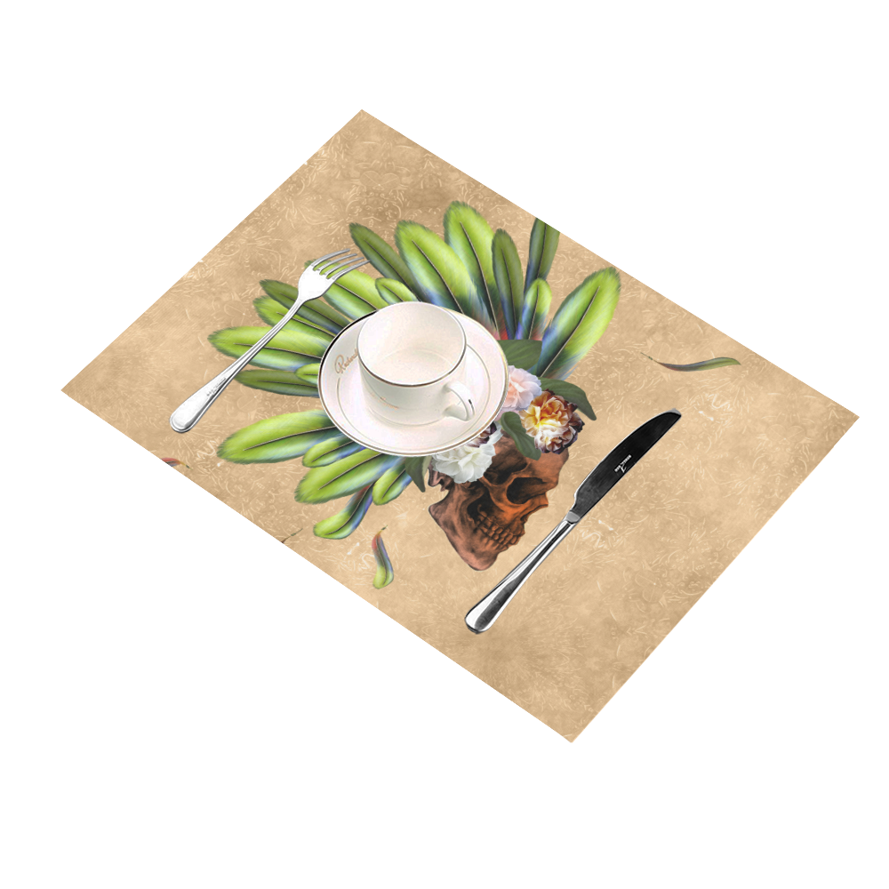 Amazing skull with feathers and flowers Placemat 14’’ x 19’’