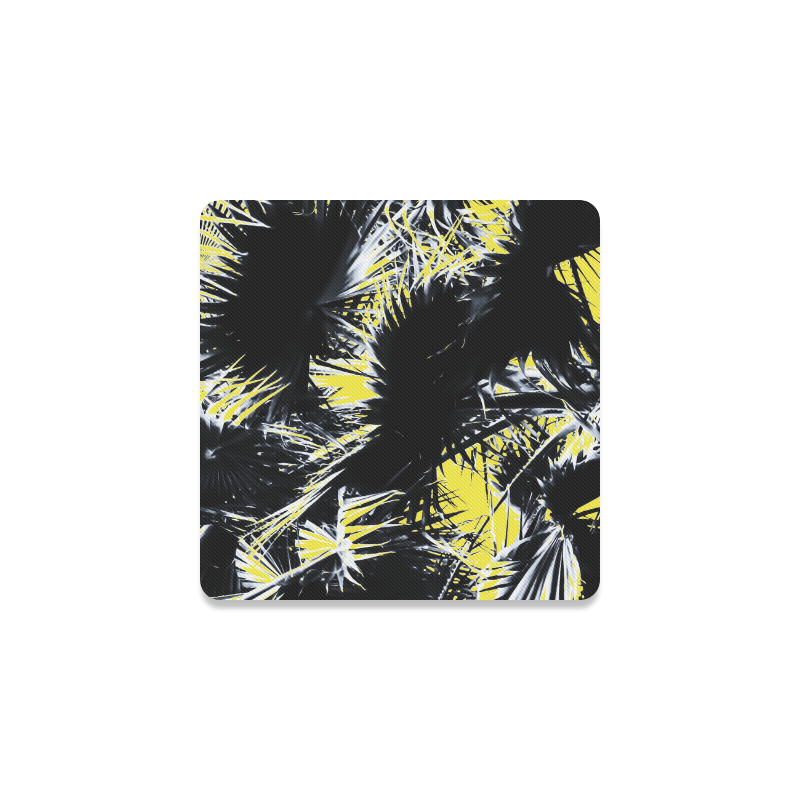 black and white palm leaves with yellow background Square Coaster