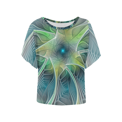 Floral Fantasy Abstract Blue Green Fractal Flower Women's Batwing-Sleeved Blouse T shirt (Model T44)