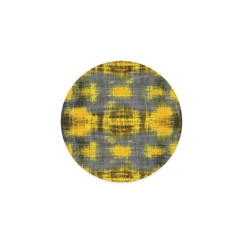 geometric plaid pattern painting abstract in yellow brown and black Round Coaster