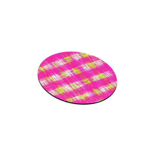 plaid pattern graffiti painting abstract in pink and yellow Round Coaster