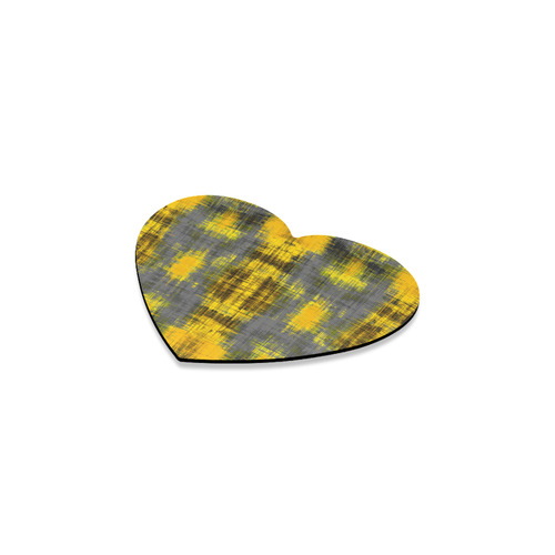 geometric plaid pattern painting abstract in yellow brown and black Heart Coaster