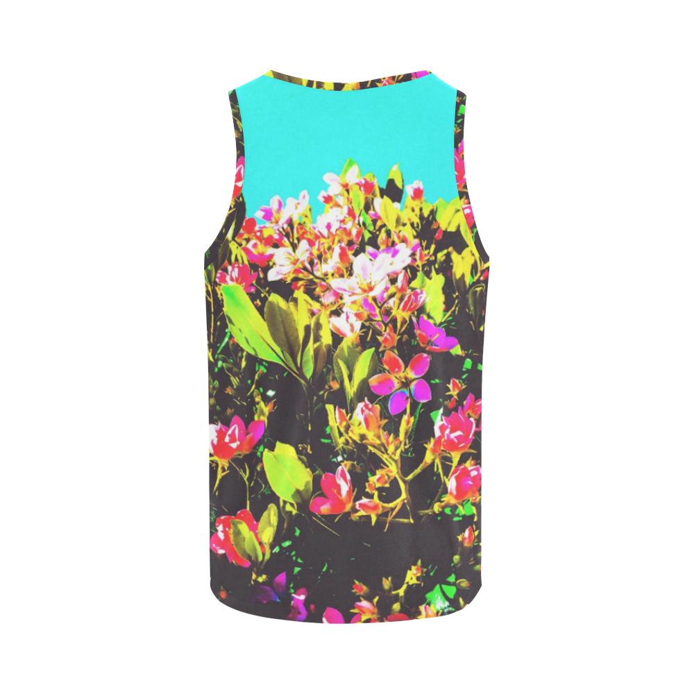 pink flowers with green leaves and blue background All Over Print Tank Top for Men (Model T43)