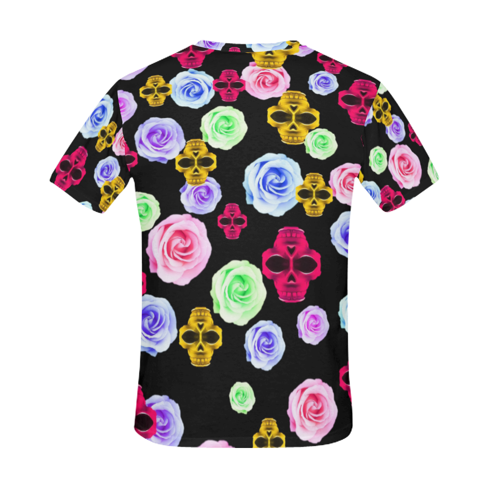 skull portrait in pink and yellow with colorful rose and black background All Over Print T-Shirt for Men (USA Size) (Model T40)