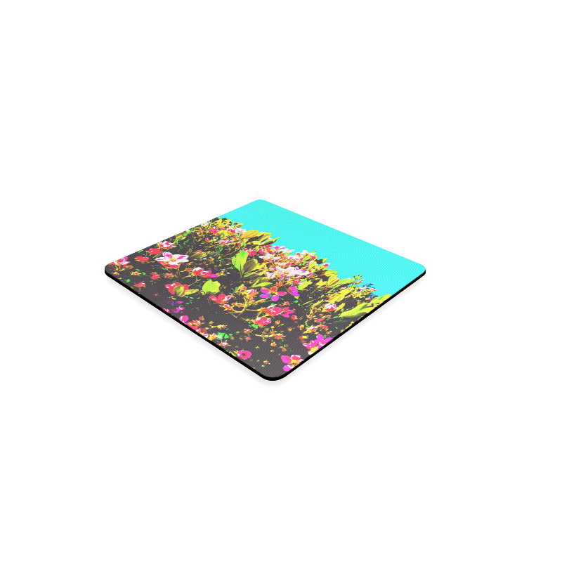 pink flowers with green leaves and blue background Square Coaster