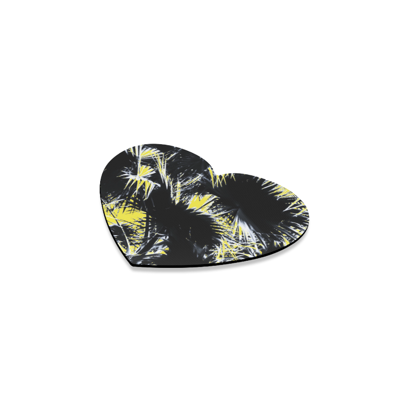 black and white palm leaves with yellow background Heart Coaster