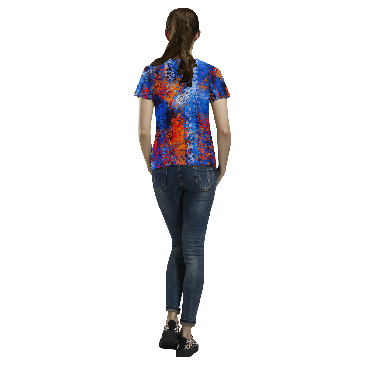 psychedelic geometric polygon shape pattern abstract in blue red orange All Over Print T-Shirt for Women (USA Size) (Model T40)