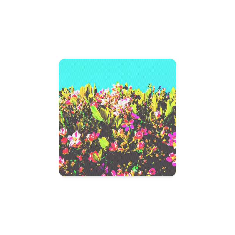 pink flowers with green leaves and blue background Square Coaster