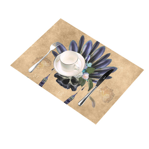 Cool skull with feathers and flowers Placemat 14’’ x 19’’ (Set of 6)