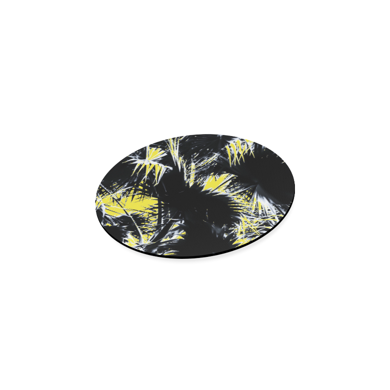 black and white palm leaves with yellow background Round Coaster