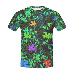 maple leaf in pink blue green yellow orange with green creepers plants background All Over Print T-Shirt for Men (USA Size) (Model T40)