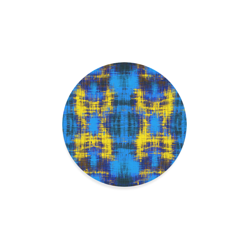 geometric plaid pattern painting abstract in blue yellow and black Round Coaster