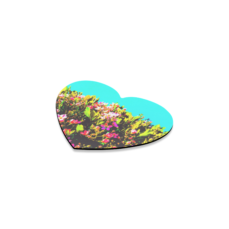 pink flowers with green leaves and blue background Heart Coaster