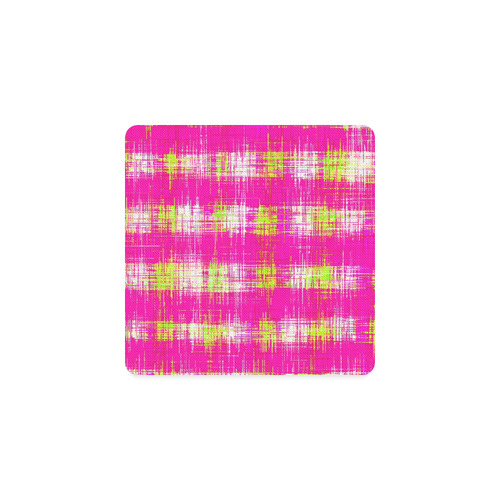 plaid pattern graffiti painting abstract in pink and yellow Square Coaster