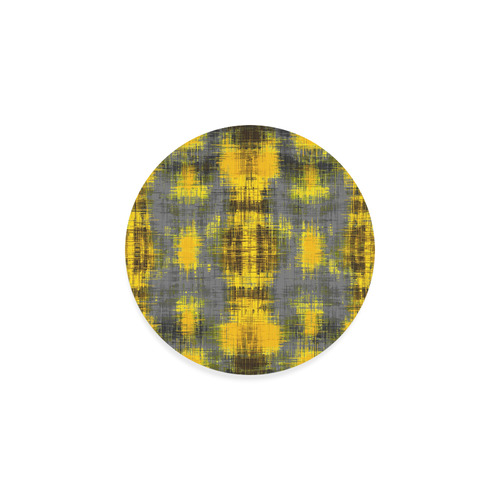geometric plaid pattern painting abstract in yellow brown and black Round Coaster