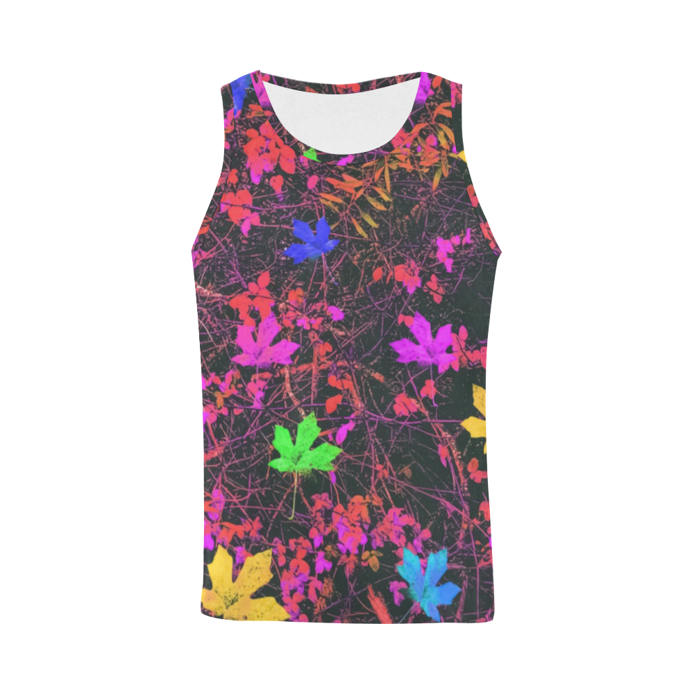 maple leaf in yellow green pink blue red with red and orange creepers plants background All Over Print Tank Top for Men (Model T43)