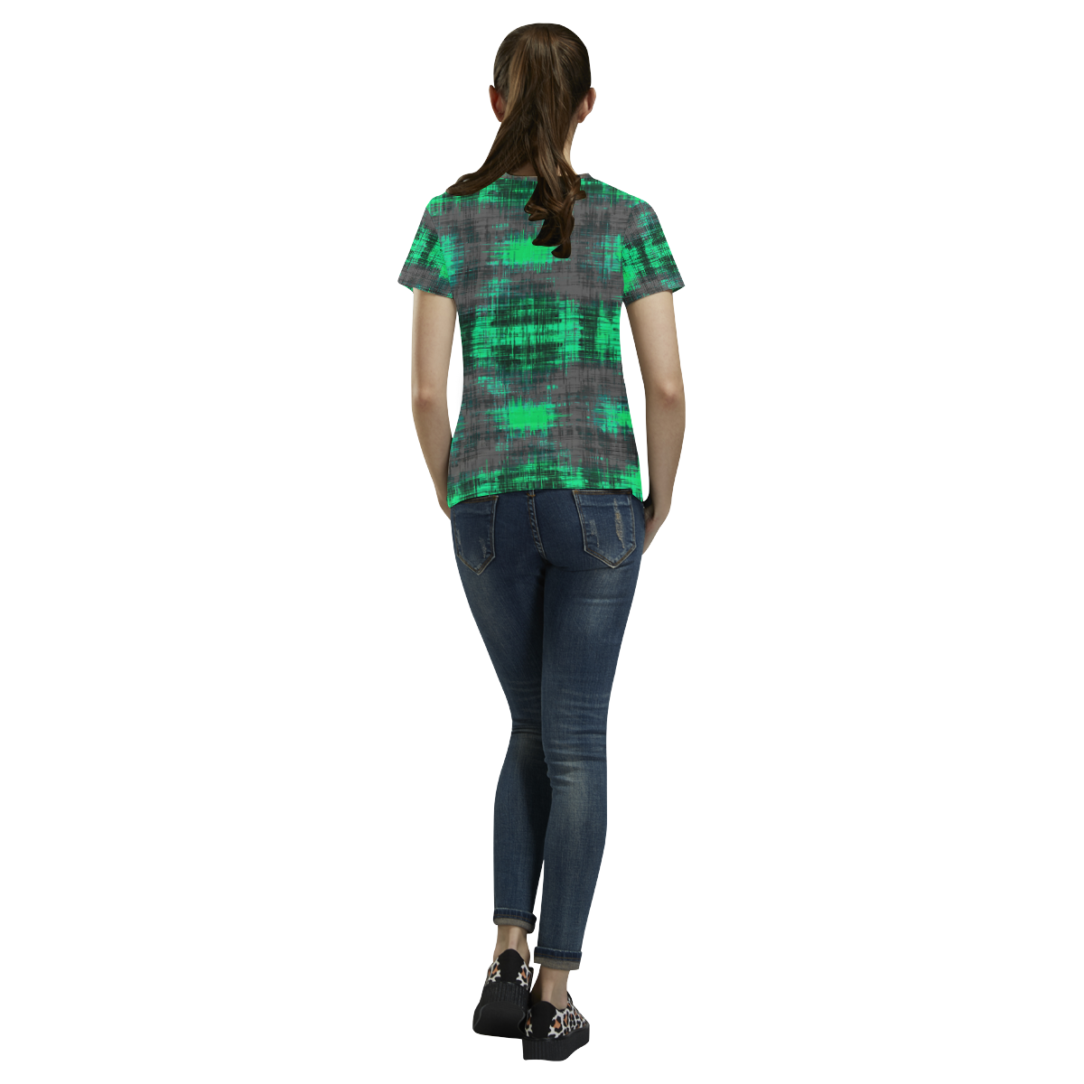 psychedelic geometric plaid abstract pattern in green and black All Over Print T-Shirt for Women (USA Size) (Model T40)
