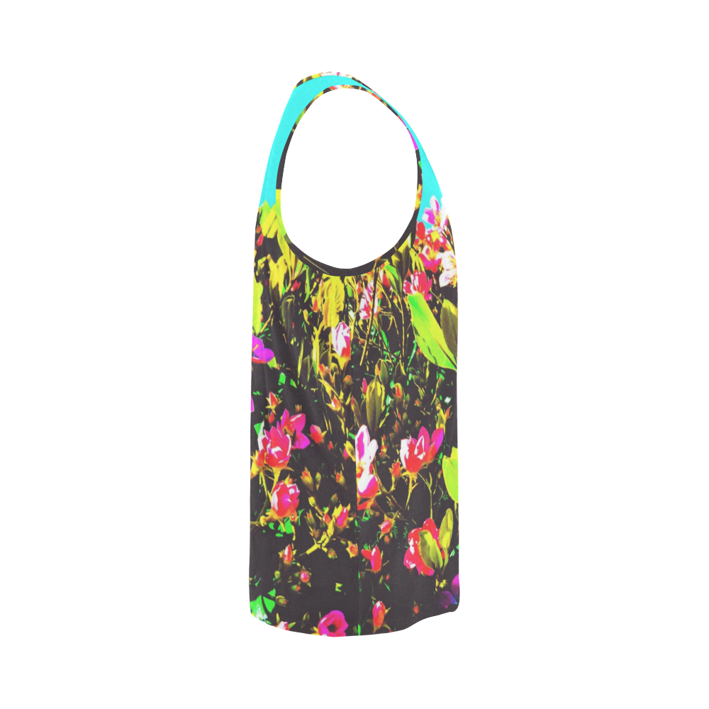 pink flowers with green leaves and blue background All Over Print Tank Top for Men (Model T43)