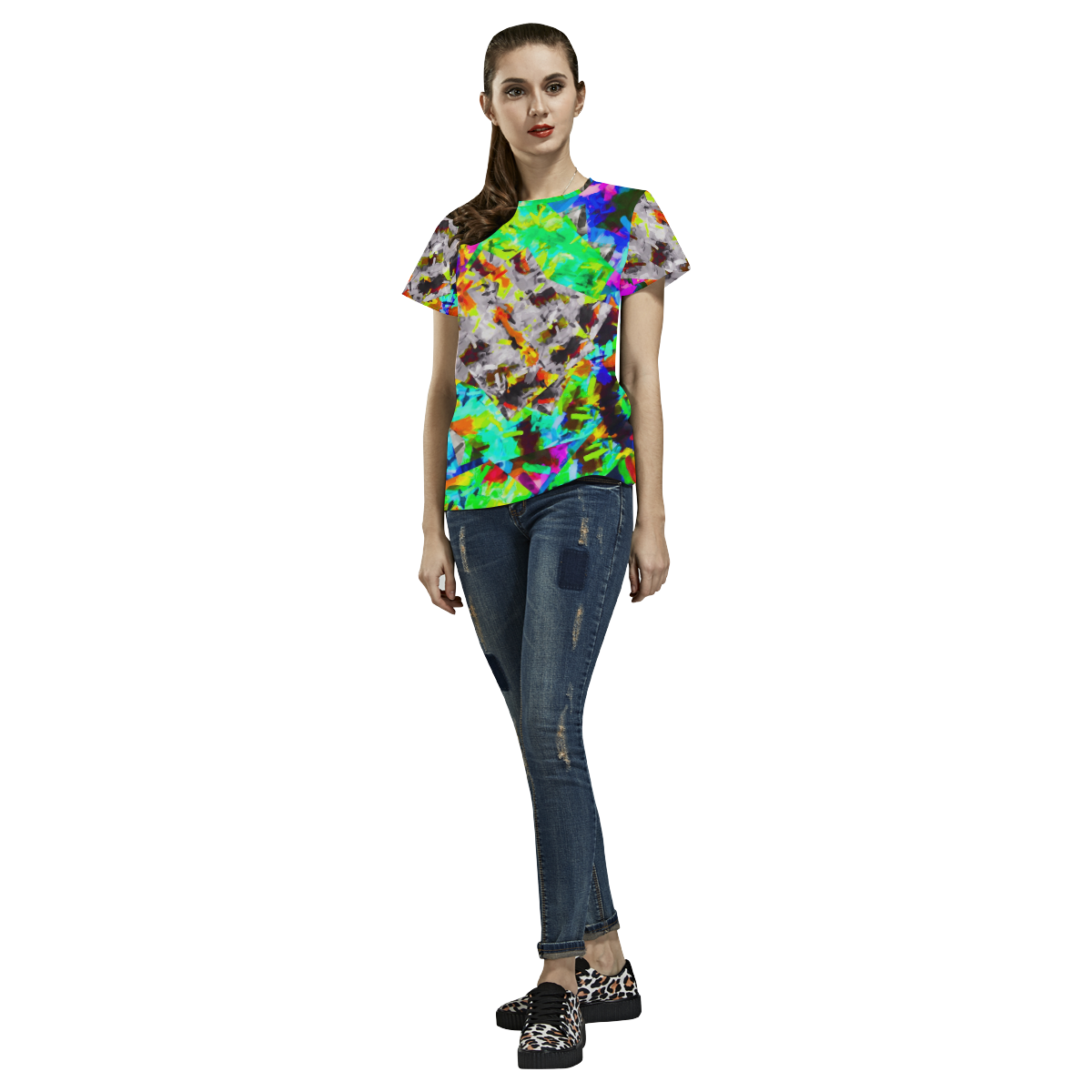camouflage psychedelic splash painting abstract in blue green orange pink brown All Over Print T-Shirt for Women (USA Size) (Model T40)