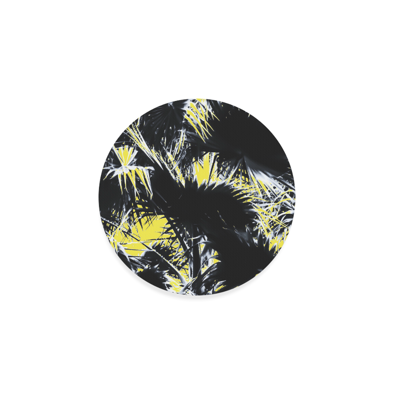 black and white palm leaves with yellow background Round Coaster