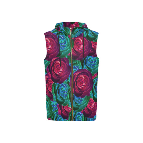 closeup blooming roses in red blue and green All Over Print Sleeveless Zip Up Hoodie for Women (Model H16)