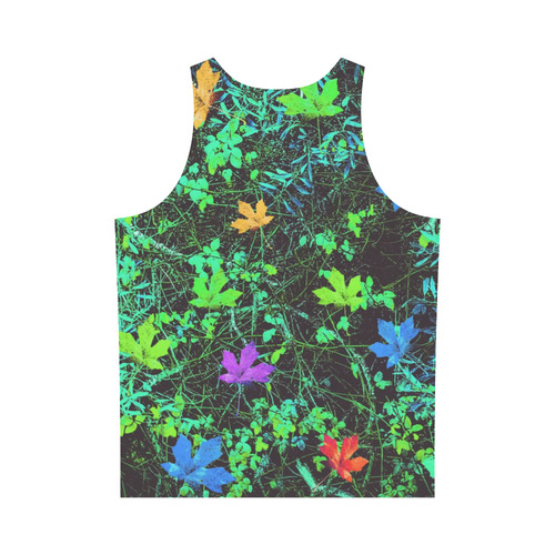 maple leaf in pink blue green yellow orange with green creepers plants background All Over Print Tank Top for Men (Model T43)