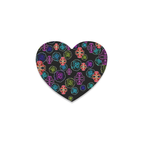 skull art portrait and roses in pink purple blue yellow with black background Heart Coaster