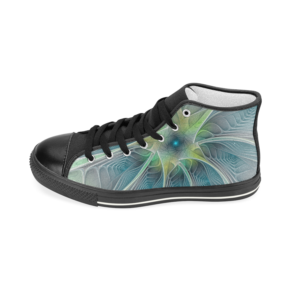 Floral Fantasy Abstract Blue Green Fractal Flower Women's Classic High Top Canvas Shoes (Model 017)