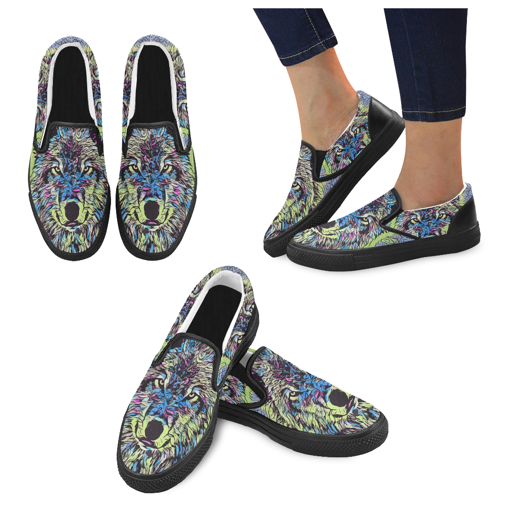WOLF MULTICOLOR Women's Unusual Slip-on Canvas Shoes (Model 019)