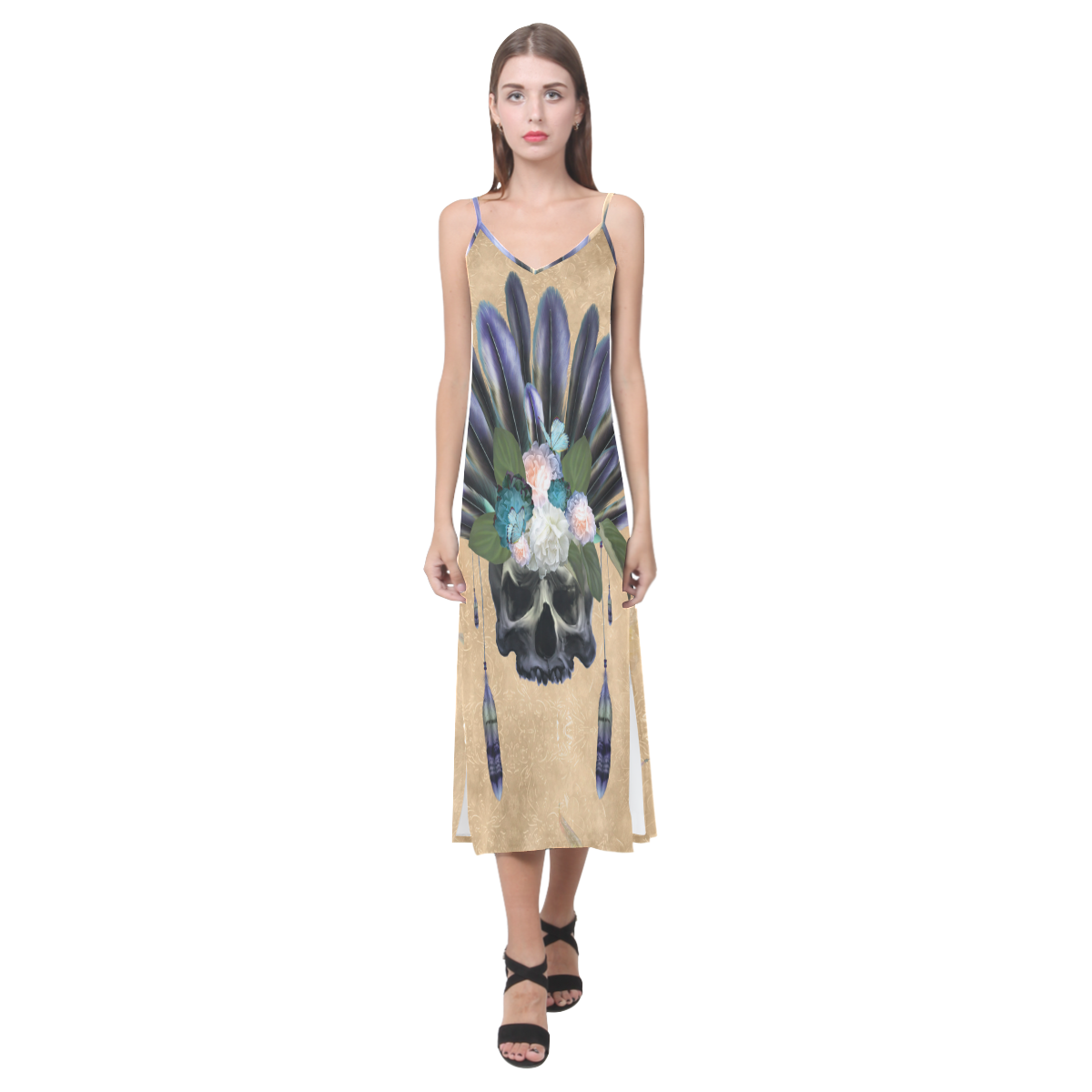 Cool skull with feathers and flowers V-Neck Open Fork Long Dress(Model D18)