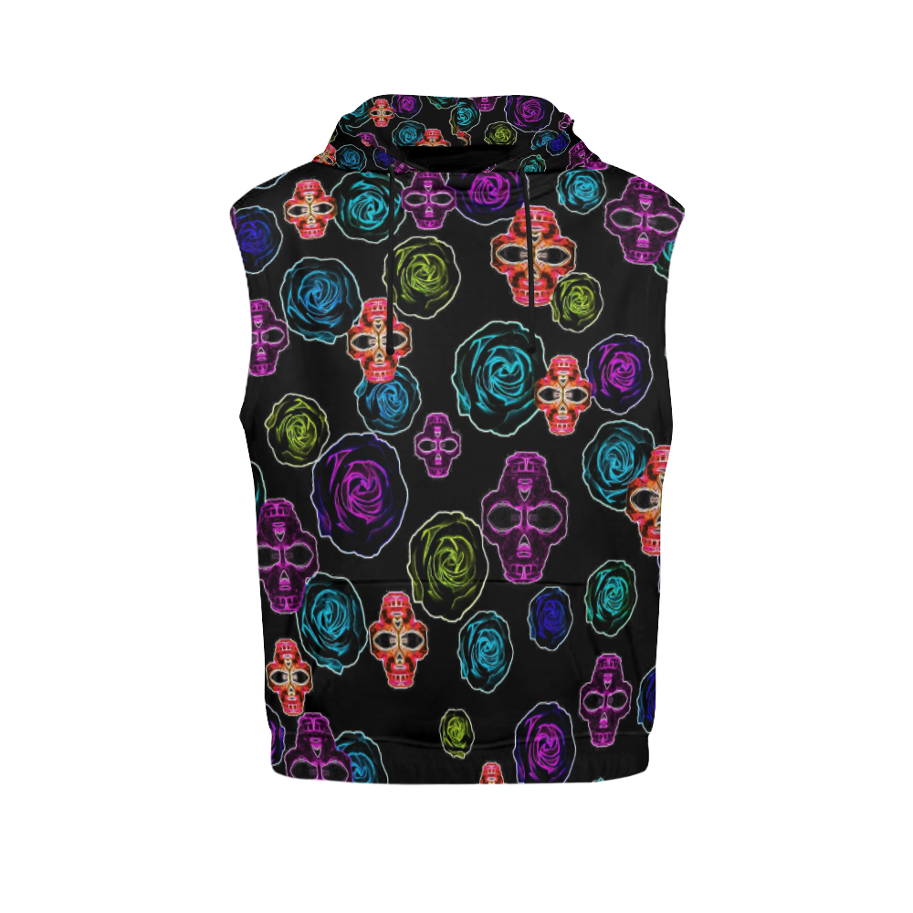 skull art portrait and roses in pink purple blue yellow with black background All Over Print Sleeveless Hoodie for Women (Model H15)