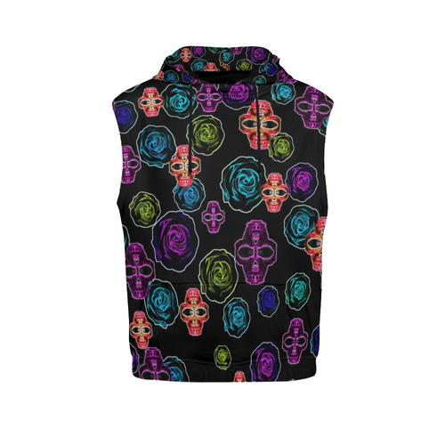 skull art portrait and roses in pink purple blue yellow with black background All Over Print Sleeveless Hoodie for Women (Model H15)