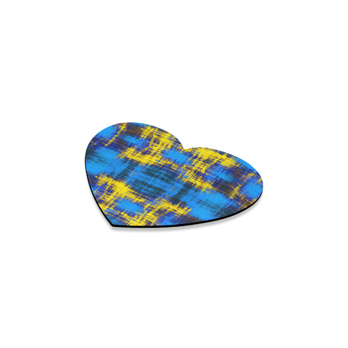 geometric plaid pattern painting abstract in blue yellow and black Heart Coaster
