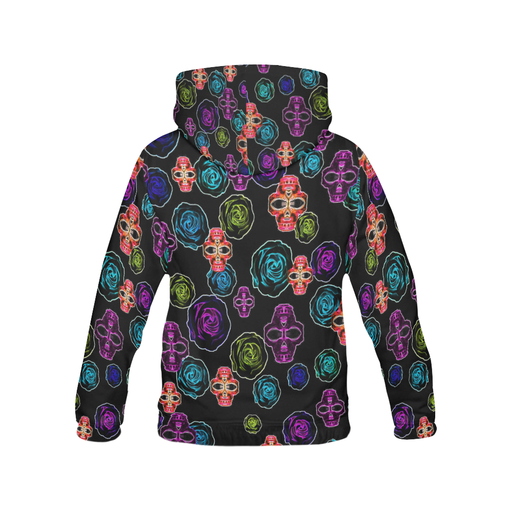 skull art portrait and roses in pink purple blue yellow with black background All Over Print Hoodie for Women (USA Size) (Model H13)