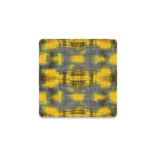 geometric plaid pattern painting abstract in yellow brown and black Square Coaster
