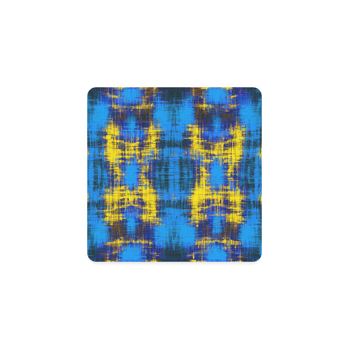 geometric plaid pattern painting abstract in blue yellow and black Square Coaster