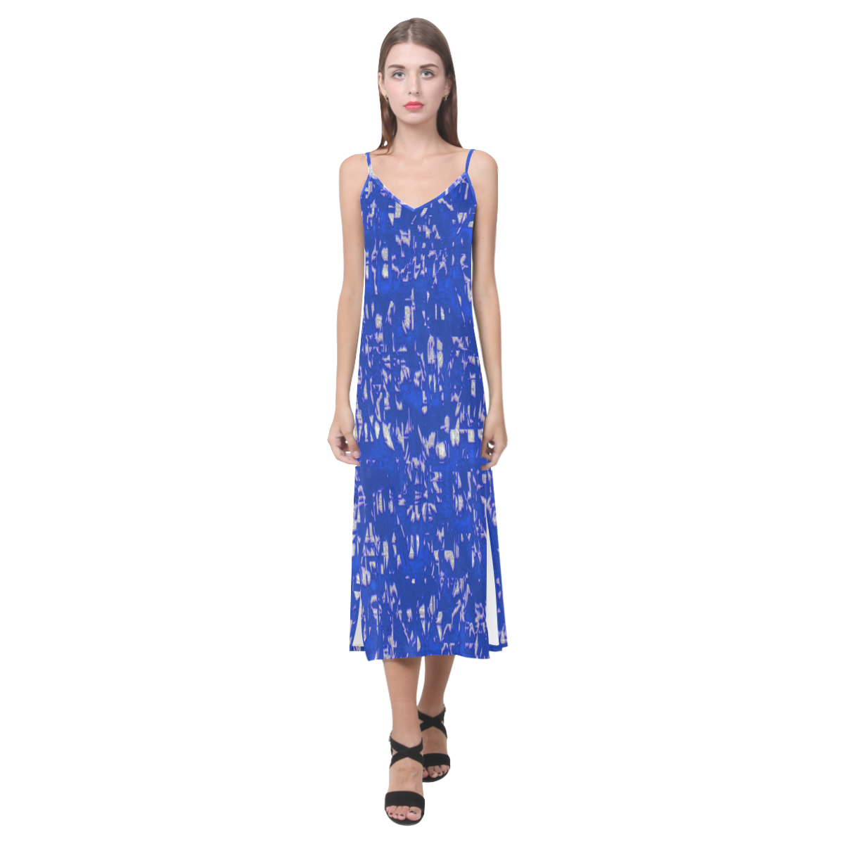 glossy abstract blue by JamColors V-Neck Open Fork Long Dress(Model D18)