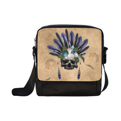 Cool skull with feathers and flowers Crossbody Nylon Bags (Model 1633)