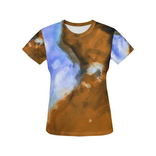rusty psychedelic splash painting texture abstract background in blue and brown All Over Print T-Shirt for Women (USA Size) (Model T40)