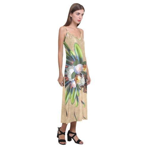 Amazing skull with feathers and flowers V-Neck Open Fork Long Dress(Model D18)