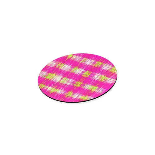 plaid pattern graffiti painting abstract in pink and yellow Round Coaster