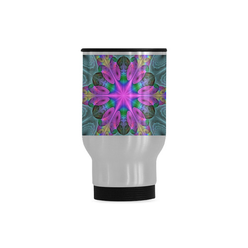 Mandala From Center Colorful Fractal Art With Pink Travel Mug (Silver) (14 Oz)