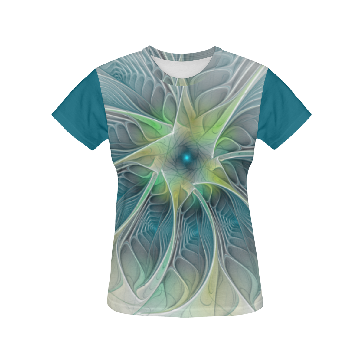 Floral Fantasy Abstract Blue Green Fractal Flower All Over Print T-Shirt for Women (USA Size) (Model T40)