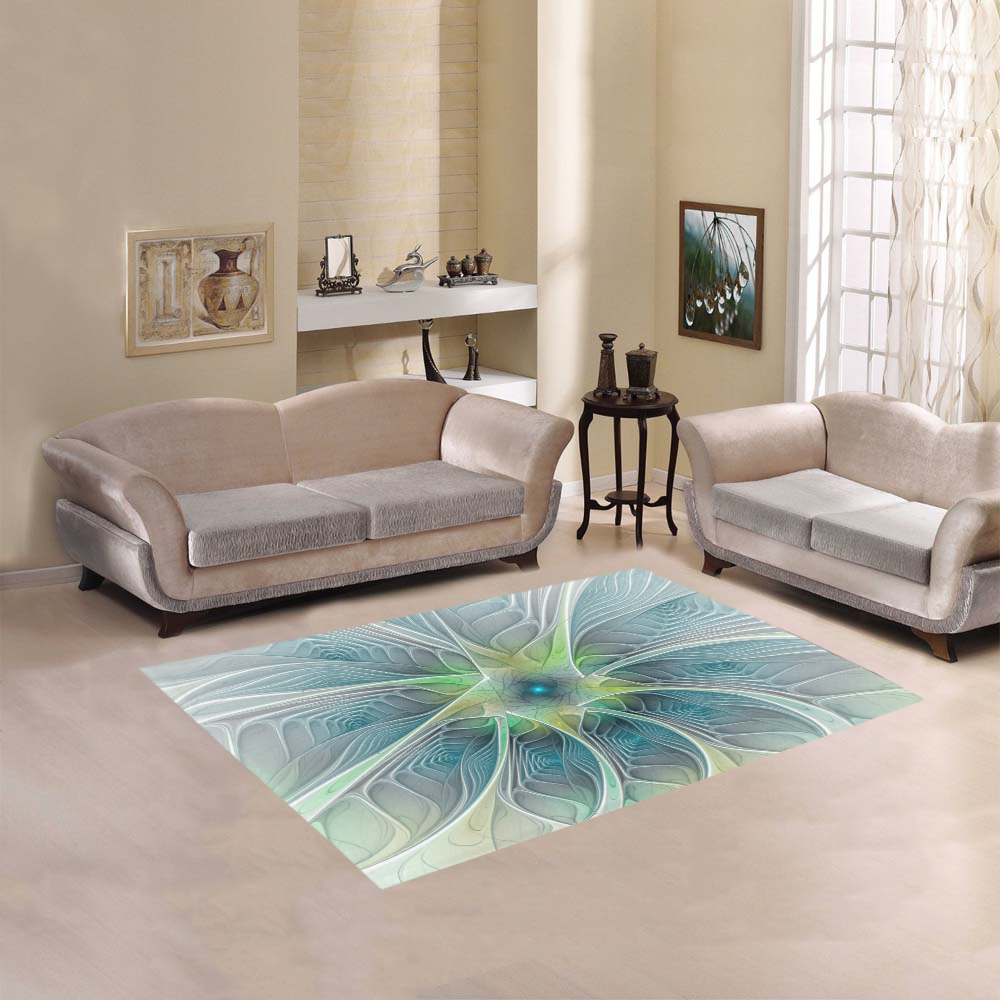 Floral Fantasy Abstract Blue Green Fractal Flower Area Rug 5'3''x4'