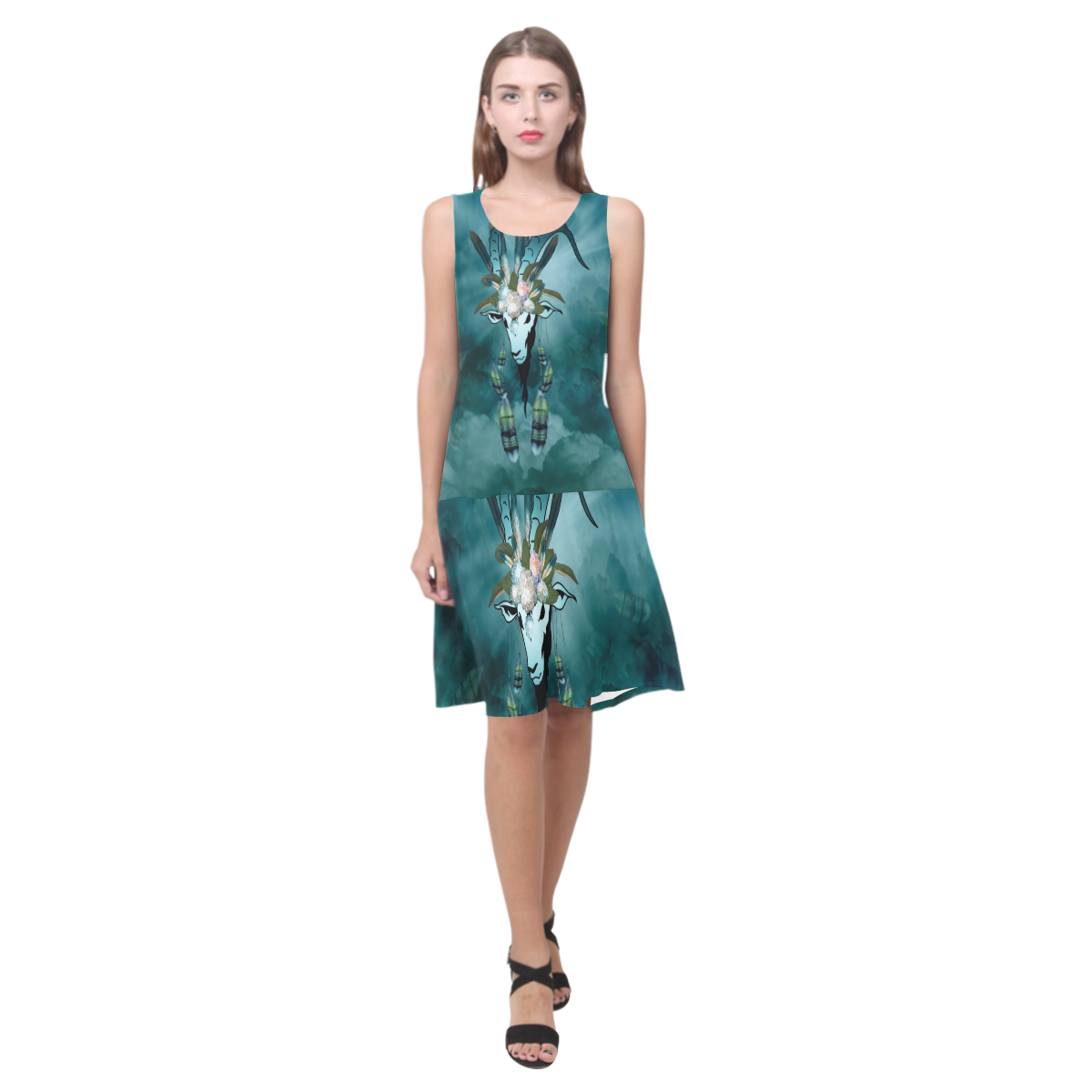 The billy goat with feathers and flowers Sleeveless Splicing Shift Dress(Model D17)