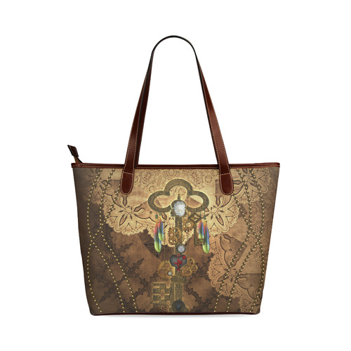 Steampunk, key with clocks, gears and feathers Shoulder Tote Bag (Model 1646)