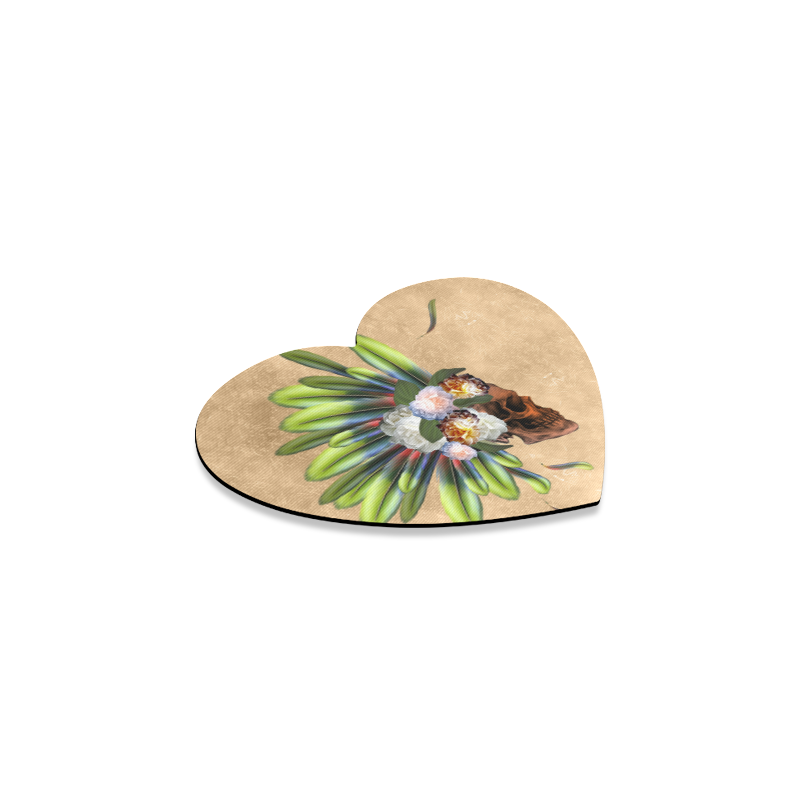 Amazing skull with feathers and flowers Heart Coaster