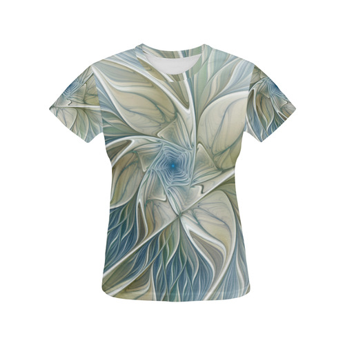 Floral Fantasy Pattern Abstract Blue Khaki Fractal All Over Print T-Shirt for Women (USA Size) (Model T40)