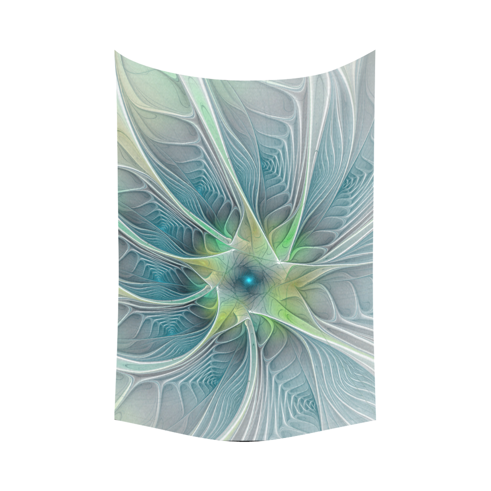 Floral Fantasy Abstract Blue Green Fractal Flower Cotton Linen Wall Tapestry 90"x 60"
