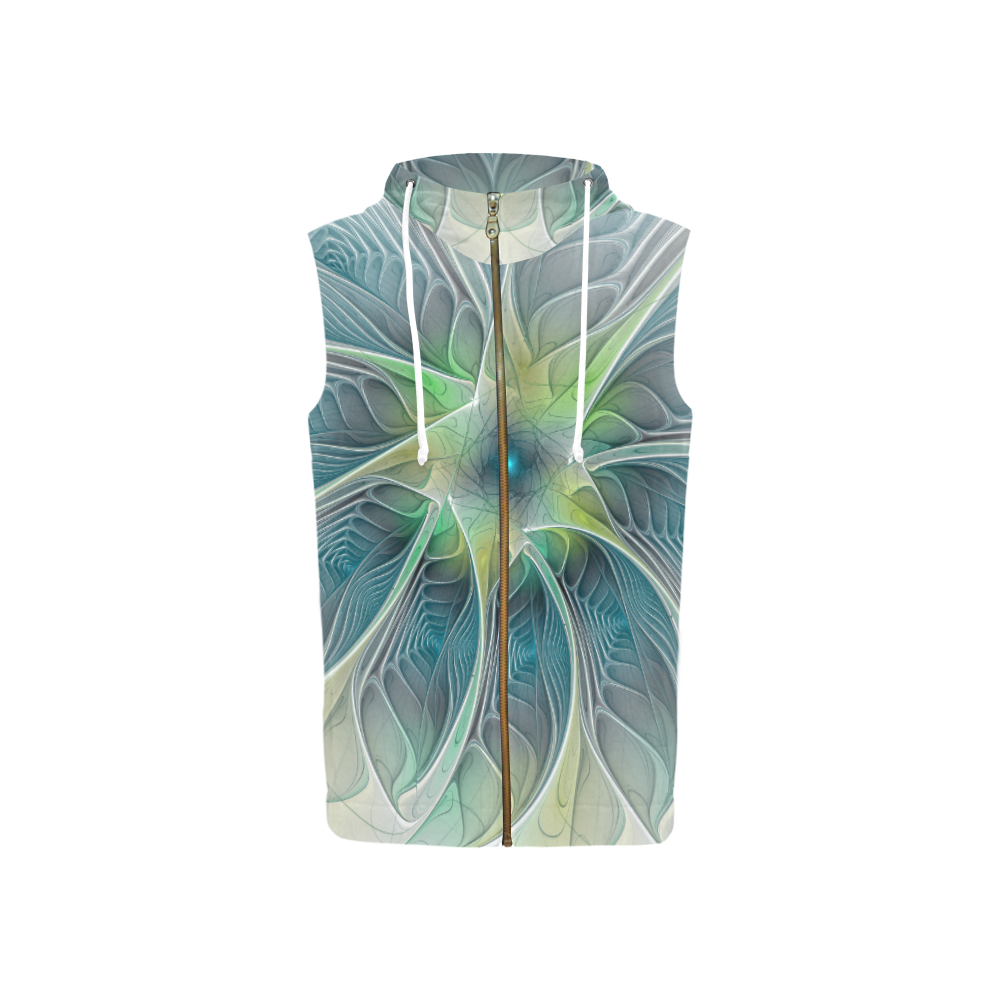 Floral Fantasy Abstract Blue Green Fractal Flower All Over Print Sleeveless Zip Up Hoodie for Women (Model H16)